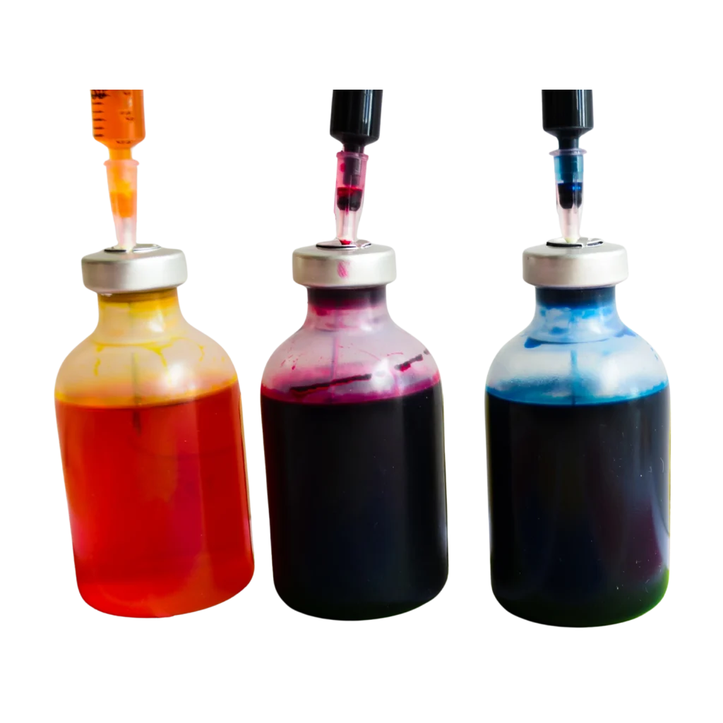 Frascos de tinta reactiva e indeleble en tres colores