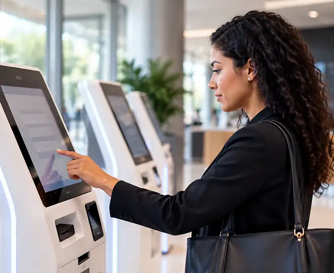 Mujer pagando en un kiosco de autoservicio con pantalla táctil en el vestíbulo de un banco o centro comercial